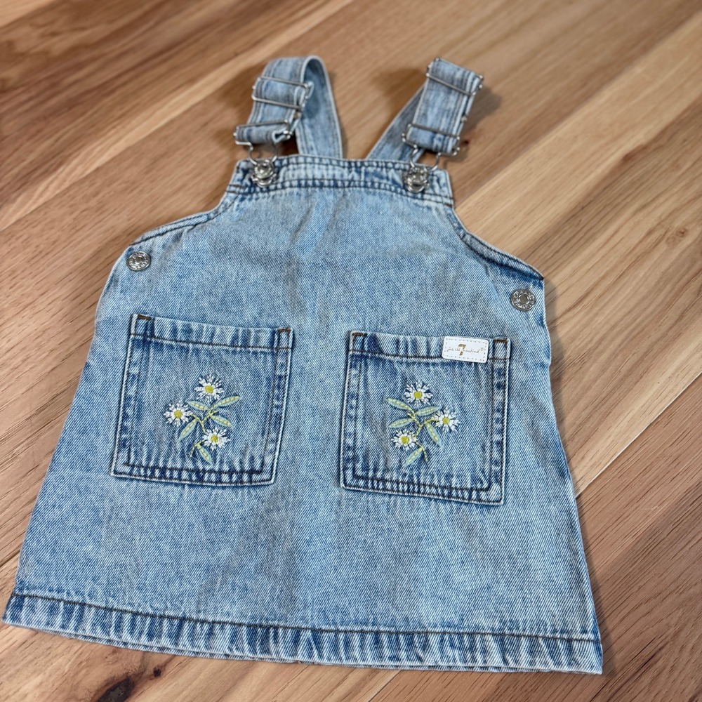 7 For All Mankind Overall Dress Baby Girls 18M Light Blue Denim Daisy Floral